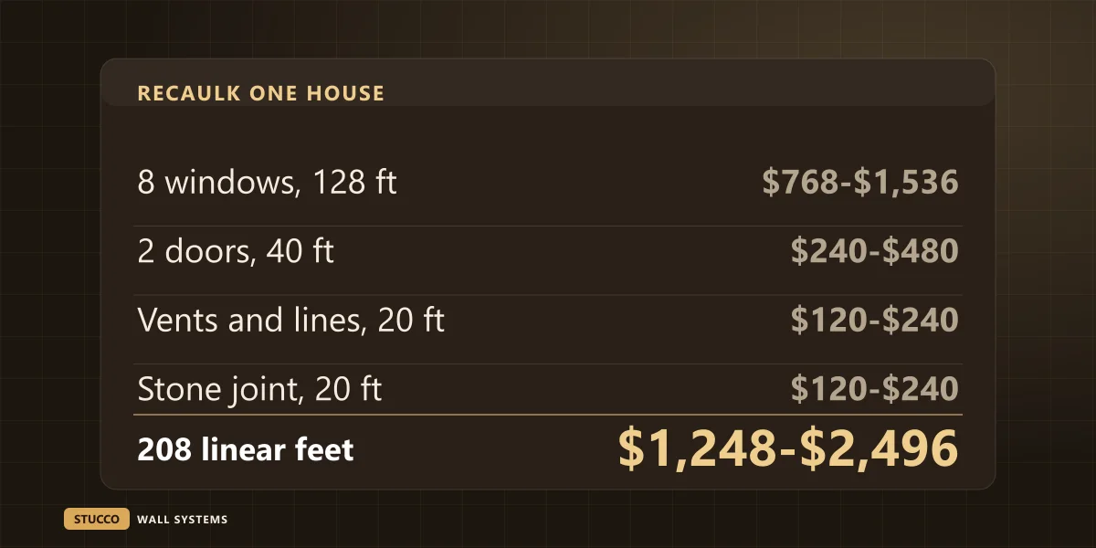 Receipt graphic for recaulking one house: 8 windows, 2 doors, vents and lines, a stone joint, 208 linear feet, $1,248 to $2,496