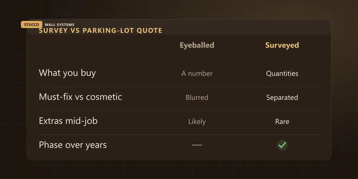Comparison banner: an eyeballed commercial facade quote versus one priced from a documented condition survey