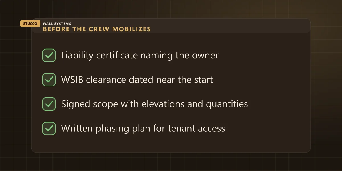 Checklist banner: liability certificate, WSIB clearance, signed scope and phasing plan before the crew mobilizes