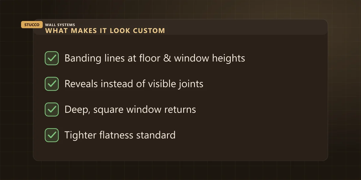 Checklist of the four stucco details that make a custom home look custom: banding lines, reveals, deep window returns, tighter flatness standard