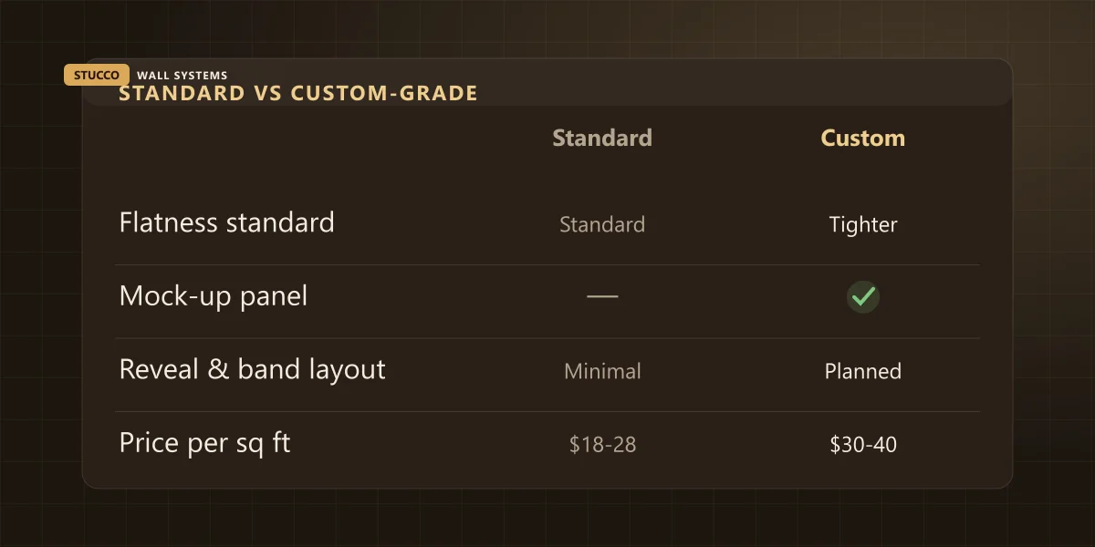 Comparison of standard EIFS versus architectural-grade stucco on flatness standard, mock-up panel, reveal layout and price per square foot