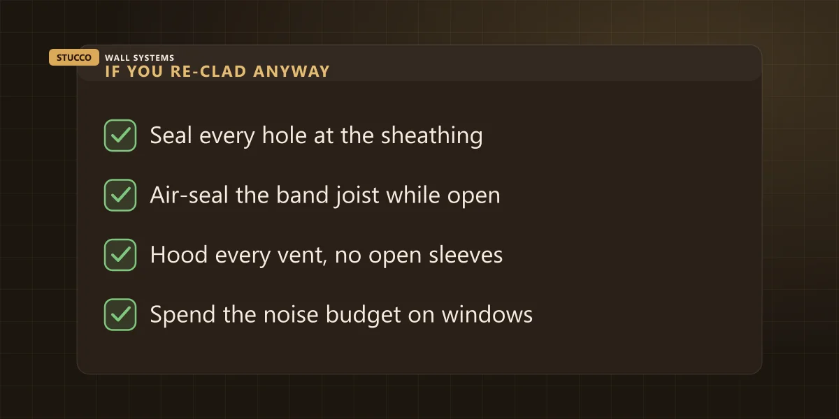 Checklist: seal every hole at the sheathing, air-seal the band joist while open, hood every vent, spend the noise budget on windows