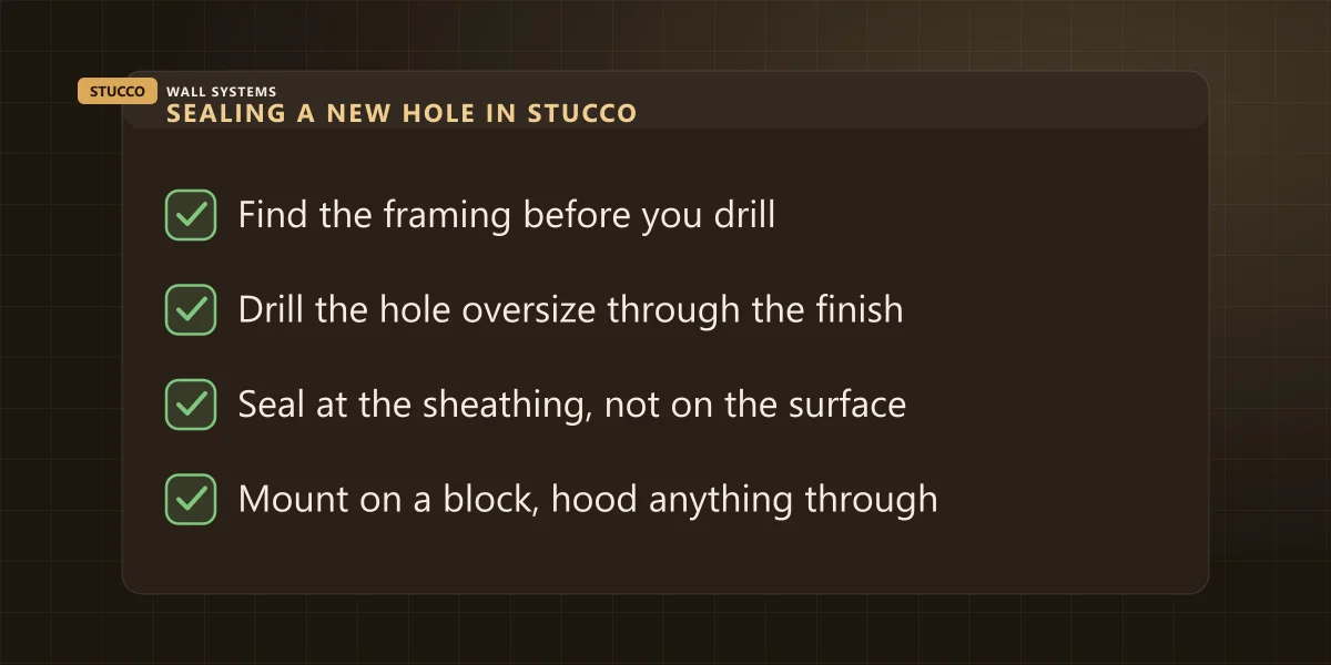 Checklist for sealing a new hole in a stucco wall: find framing, drill oversize, seal at the sheathing, mount on a block