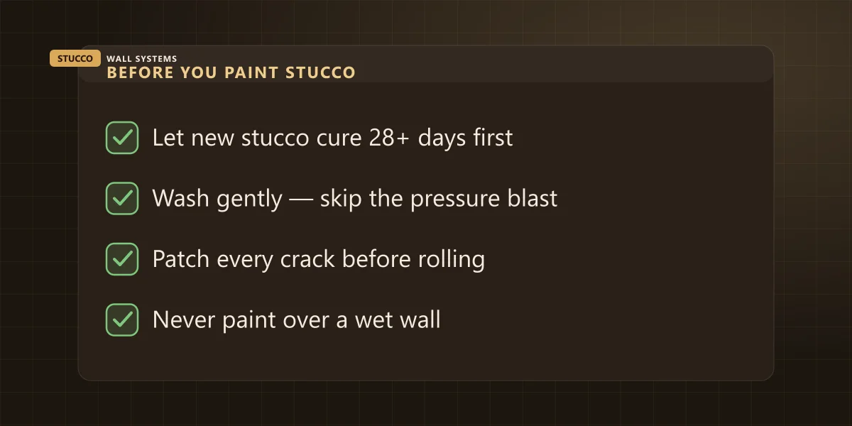 Checklist for painting stucco correctly: cure new stucco 28+ days, wash gently, patch every crack first, never paint a wet wall