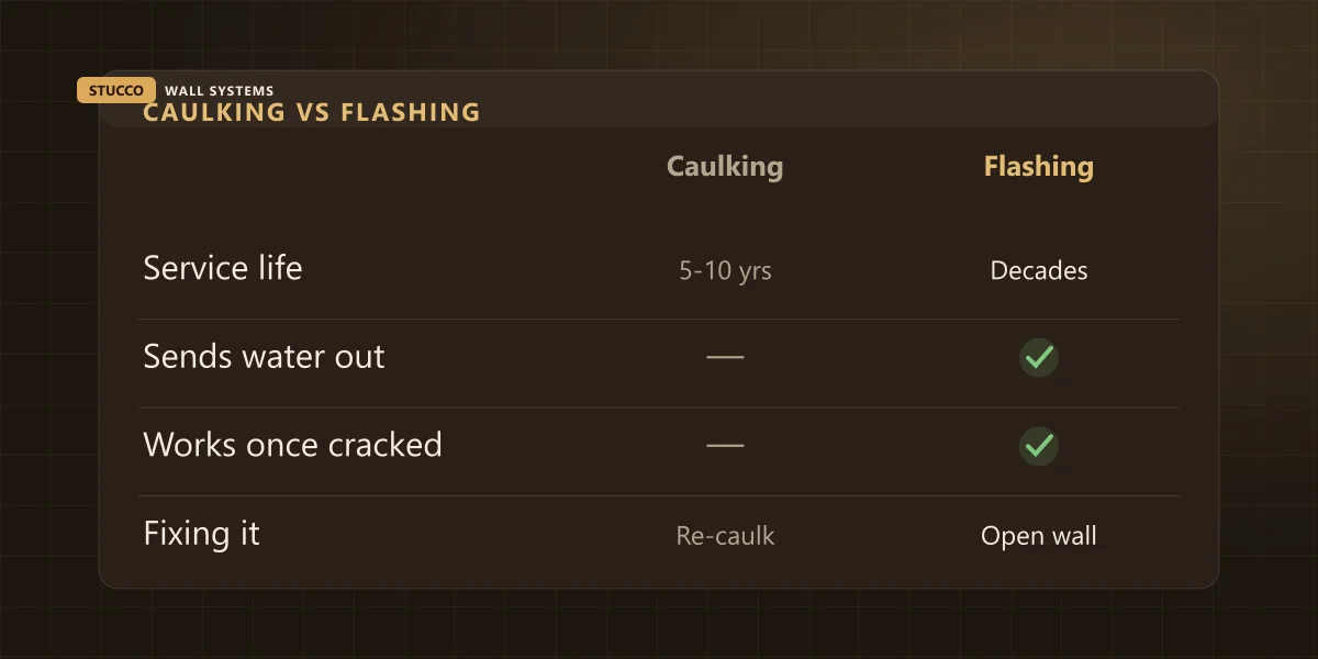 Comparison graphic of caulking versus flashing on service life, whether it sends water back out, whether it still works once cracked, and what fixing it involves