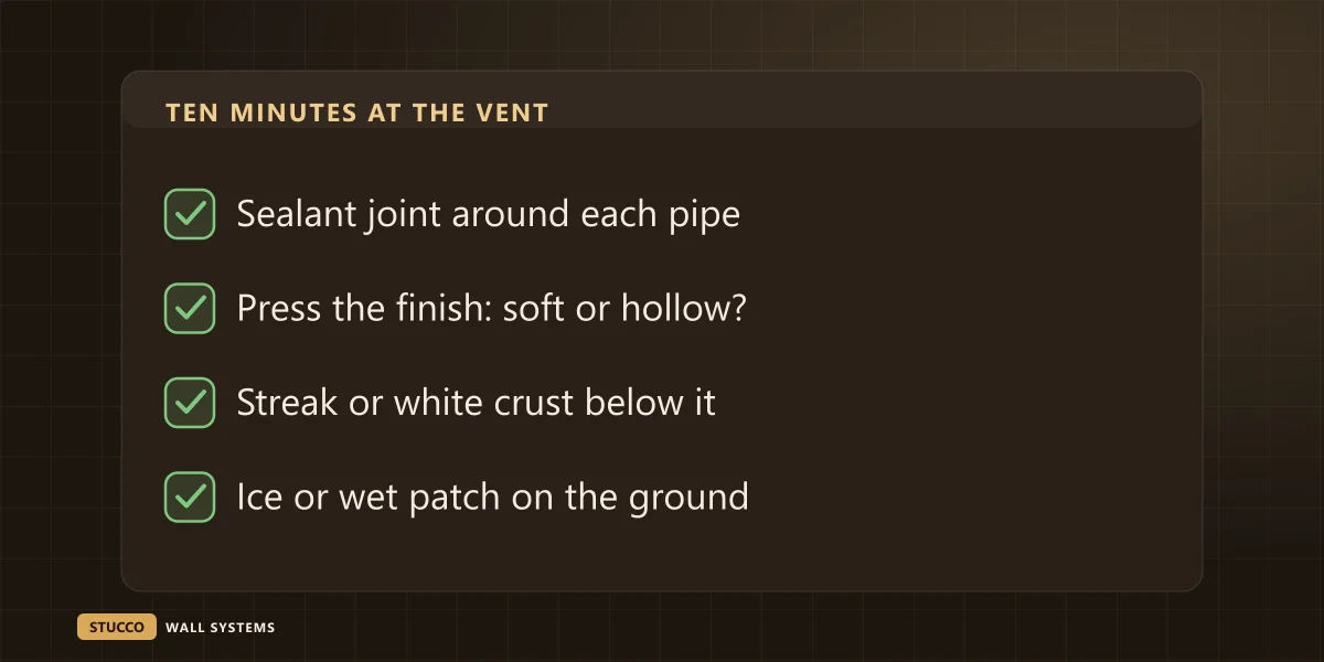 Checklist graphic of four things to check at a furnace vent on stucco: the sealant joint, soft finish, a streak or white crust below, and ice on the ground