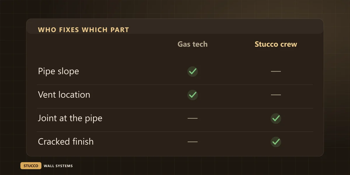 Comparison graphic: the gas technician handles pipe slope and vent location, the stucco crew handles the joint at the pipe and cracked finish