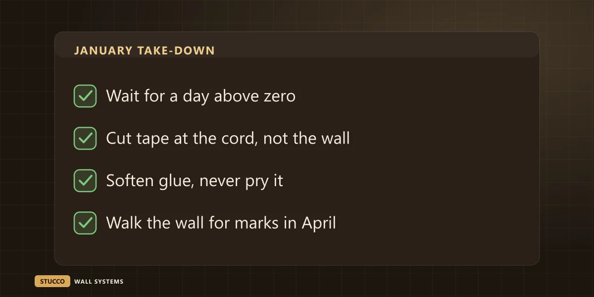 Checklist for the January take-down: wait for a day above zero, cut tape at the cord, soften glue, check the wall in April