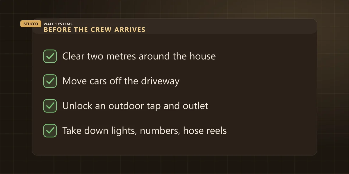 Homeowner checklist before a stucco crew arrives: clear two metres, move cars, unlock tap and outlet, take down fixings