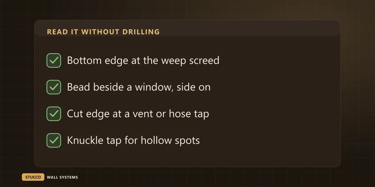 Four places to read stucco thickness without drilling: the bottom edge at the weep screed, the bead beside a window, the cut around a vent or tap, and a knuckle tap for hollow spots