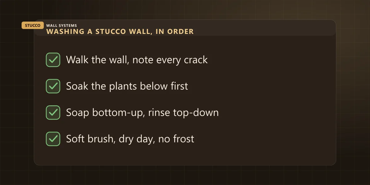 Checklist for washing a stucco wall: mark cracks first, protect plants, soap bottom-up and rinse top-down, soft brush on a dry day