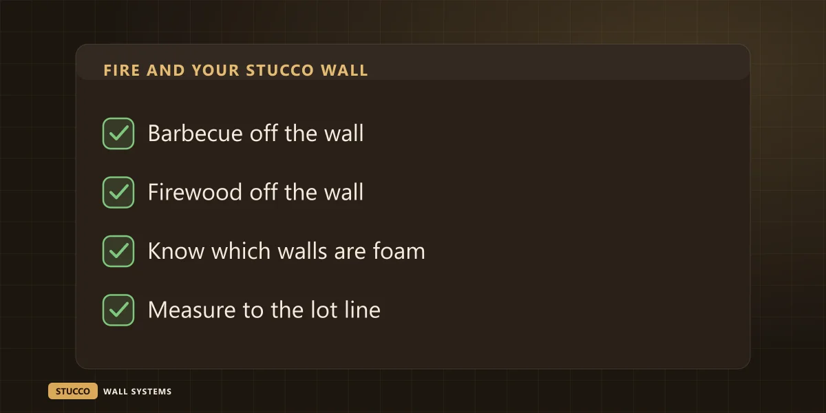 Four things to do about fire and a stucco wall: move the barbecue off the wall, keep firewood off the wall, know which walls are foam, measure to the lot line