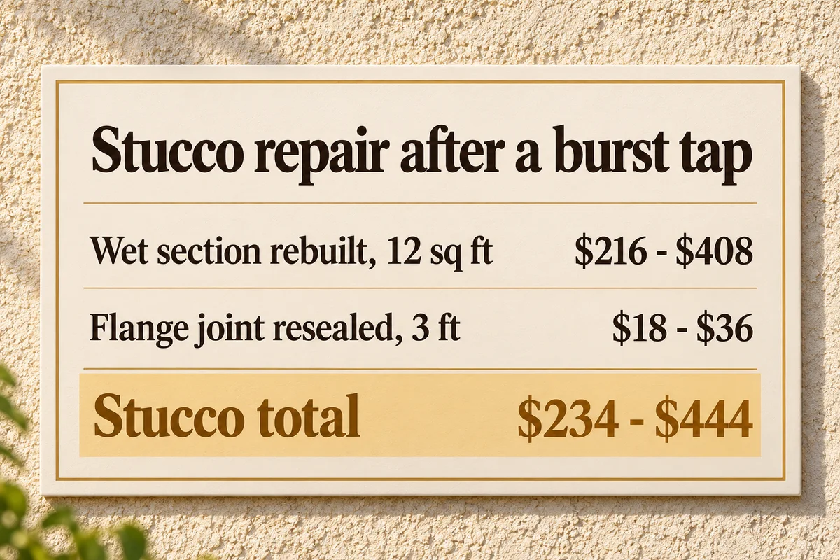 Receipt graphic for the stucco repair after a burst outdoor tap: 12 square foot wet section rebuilt for $216 to $408 and 3 feet of flange joint resealed for $18 to $36, $234 to $444 in total