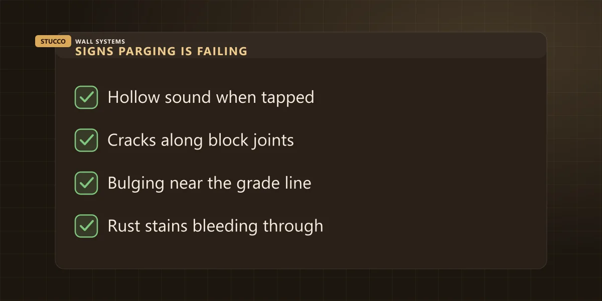 Checklist graphic listing signs parging is failing: hollow sound when tapped, cracks along block joints, bulging near the grade line, rust stains bleeding through