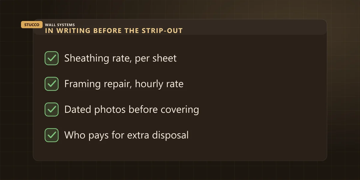 Four contract lines to agree before a stucco strip-out: sheathing rate, framing hourly rate, dated photos, extra disposal