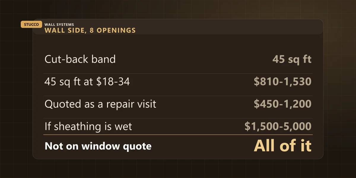 Receipt showing the wall-side cost of a full-frame window replacement across eight openings on a stucco house