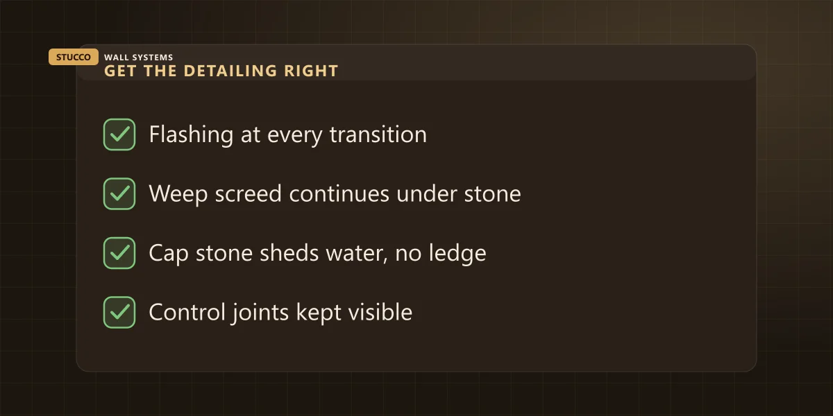 Checklist graphic of what to confirm before choosing a stone accent: flashing, weep screed, cap detail and control joints