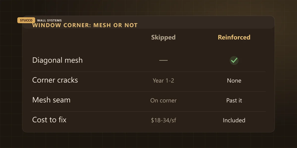 Comparison of a reinforced versus skipped window corner: diagonal mesh, corner cracks, mesh seam position and cost to fix