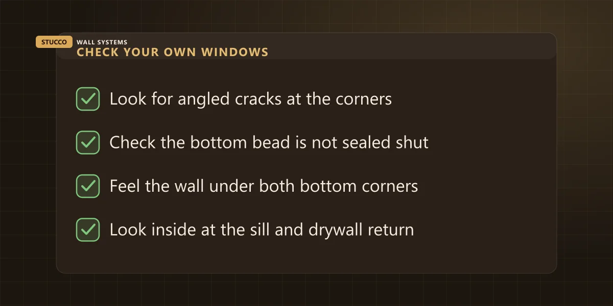 Checklist of four window checks: angled corner cracks, bottom bead sealed shut, wall under both corners, interior sill