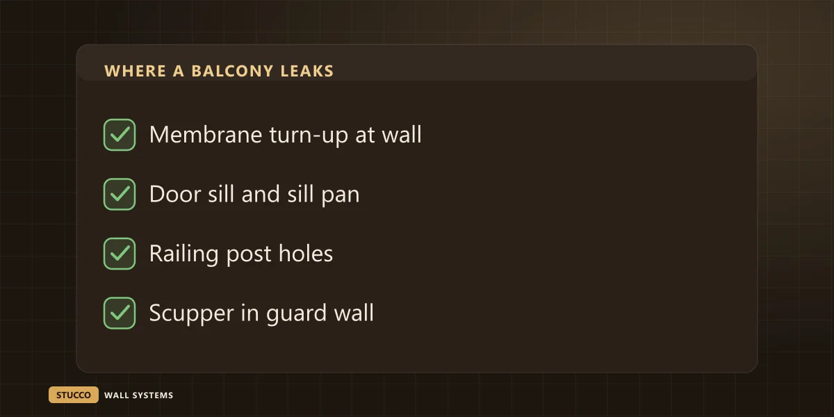Checklist of the four places a balcony on a stucco house leaks: the membrane turn-up at the wall, the door threshold and sill pan, the railing post holes, and the scupper through the guard wall