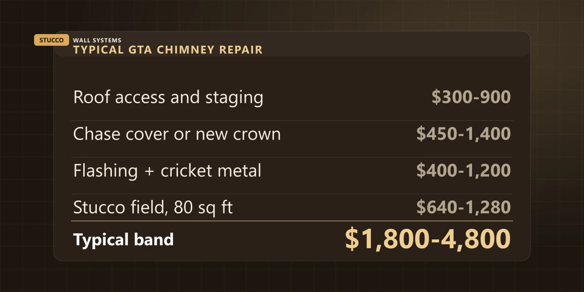 Typical GTA stucco chimney repair breakdown: roof access, chase cover or crown, flashing and cricket metal, and the stucco field, totalling $1,800 to $4,800