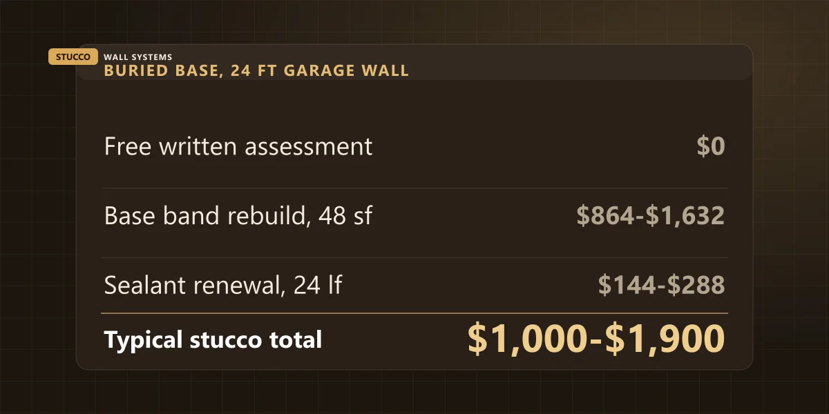 Cost receipt: rebuilding a buried stucco base on a 24 ft garage wall totals $1,000 to $1,900