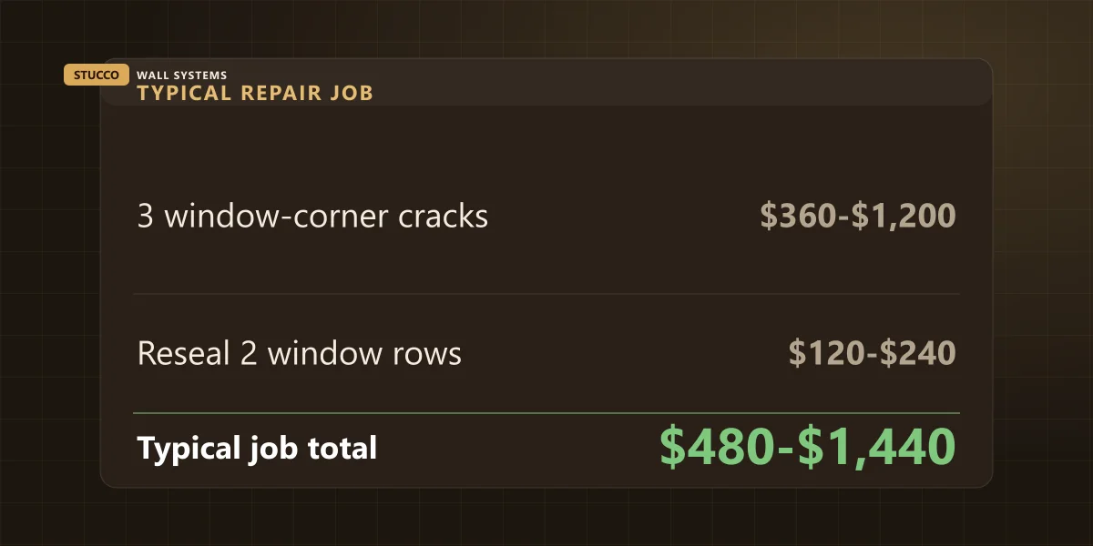 Receipt showing a typical GTA stucco crack repair job: three window-corner cracks plus resealing totaling $480 to $1,440