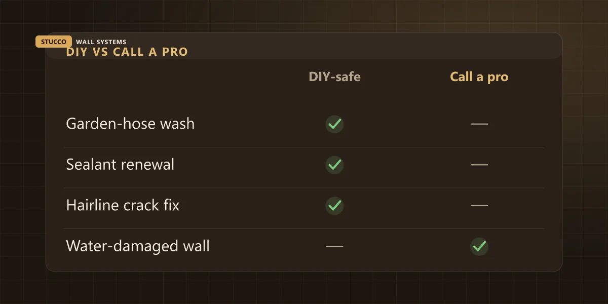 Comparison graphic showing DIY-safe stucco jobs like washing and sealant renewal versus repairs that need a professional, like water damage and EIFS foam cracks