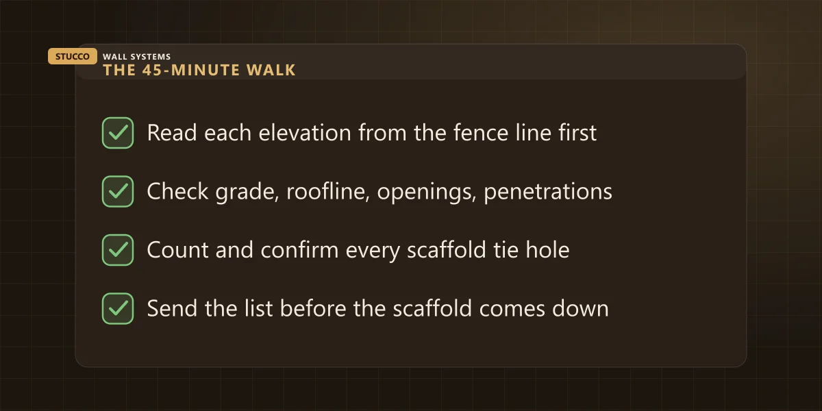 Checklist for a stucco final walkthrough: walk each elevation from the ground first, check grade, roofline, openings and penetrations, count and confirm every scaffold tie hole, and write the list before the scaffold comes down