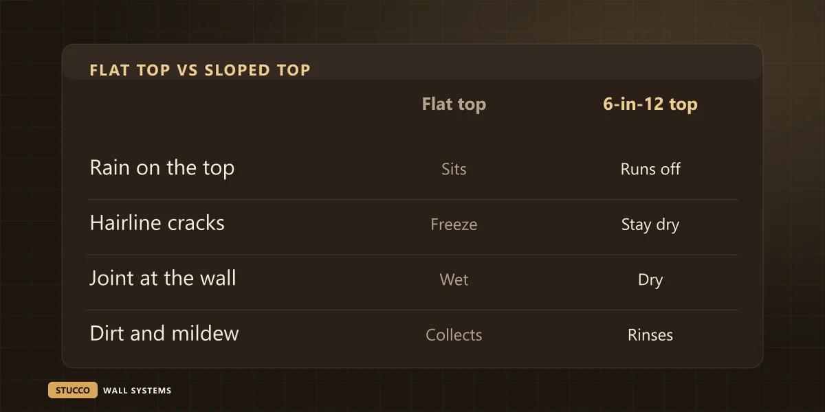 Comparison of a flat-topped foam trim piece against one sloped 6 in 12: rain sits versus runs off, cracks freeze versus stay dry, joint at the wall wet versus dry, dirt collects versus rinses away