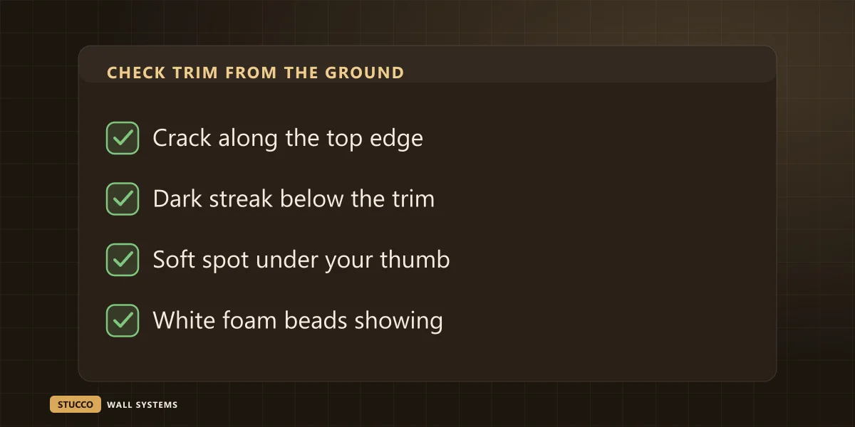 Checklist for inspecting foam trim from the ground: crack along the top edge, dark streak below the trim, soft spot under your thumb, white foam beads showing through