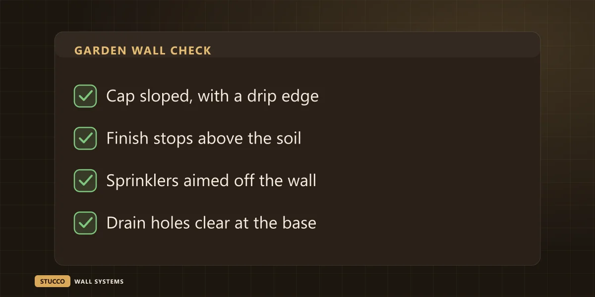 Checklist for a stucco garden wall: cap sloped with a drip edge, finish stops above the soil, sprinklers aimed off the wall, drain holes clear at the base
