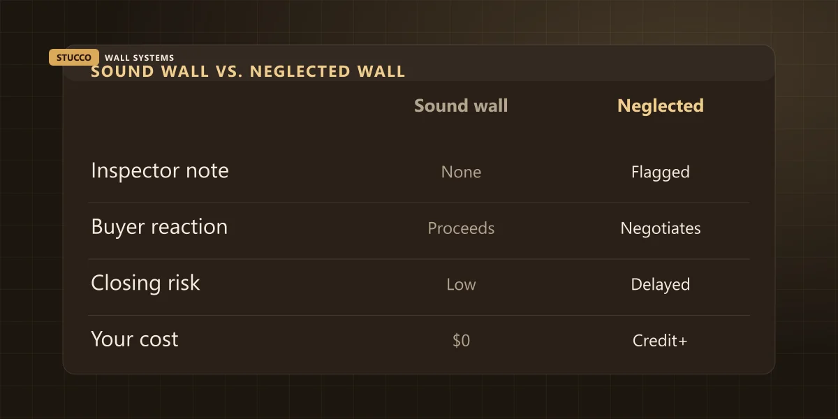 Comparison graphic showing a sound stucco wall versus a neglected one: inspector note, buyer reaction, and closing risk for each