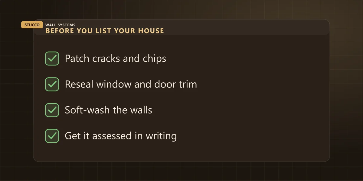 Checklist of what to do to a stucco wall before listing a GTA home for sale: patch cracks, reseal trim, wash walls, get it assessed