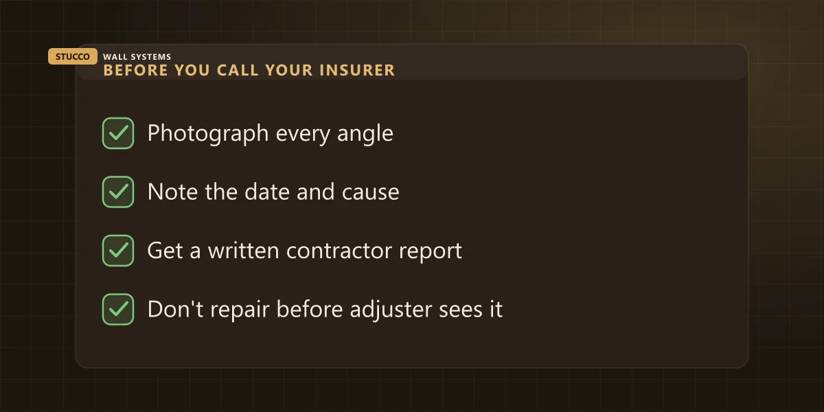 Checklist graphic: photograph damage, note the date and cause, get a written contractor report, wait for the adjuster before repairing
