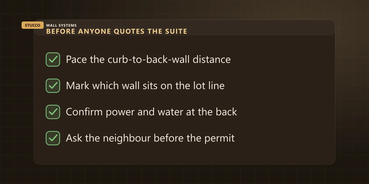 Checklist banner: four things to measure and confirm before anyone quotes stucco on a backyard suite