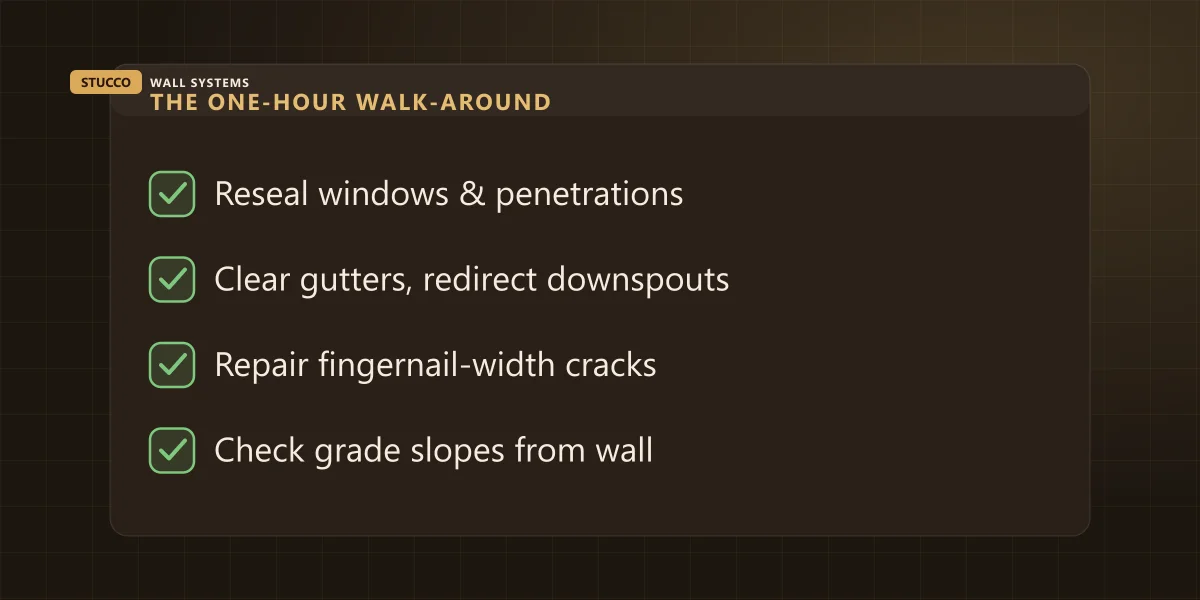 Checklist graphic of the one-hour fall stucco walk-around: reseal, downspouts, cracks, grade