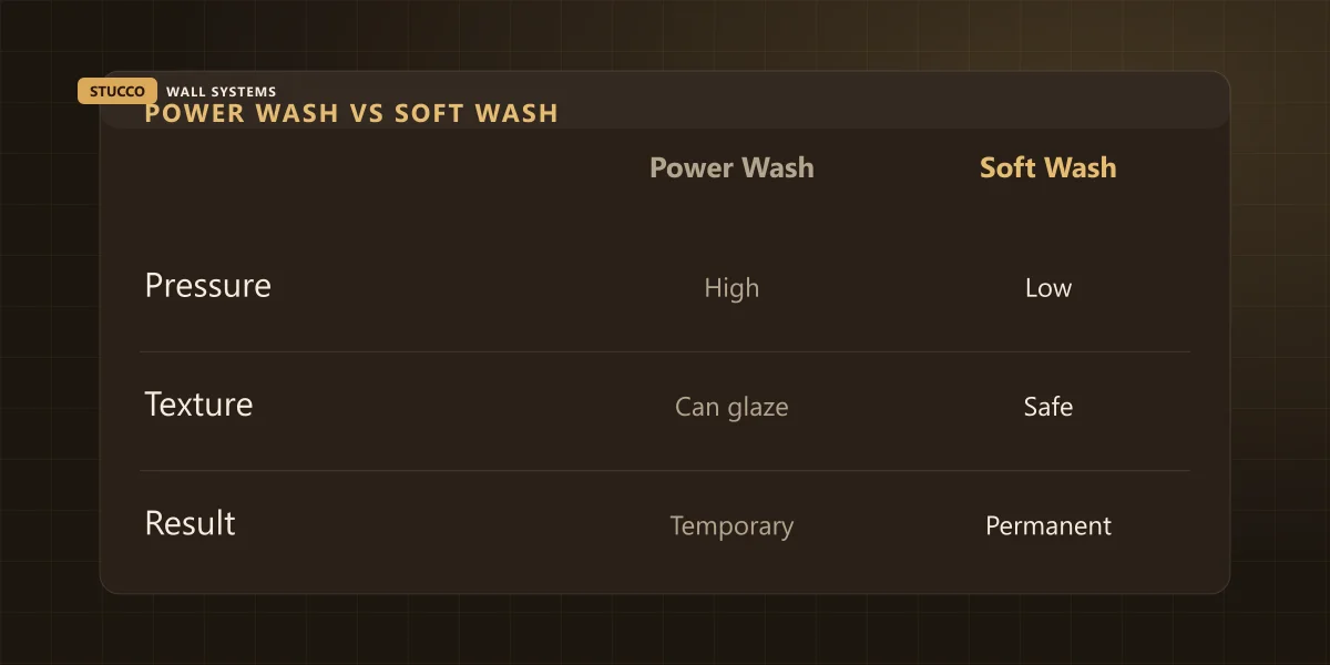 Comparison graphic: power washing versus soft washing stucco for mould removal, showing pressure, texture impact and results