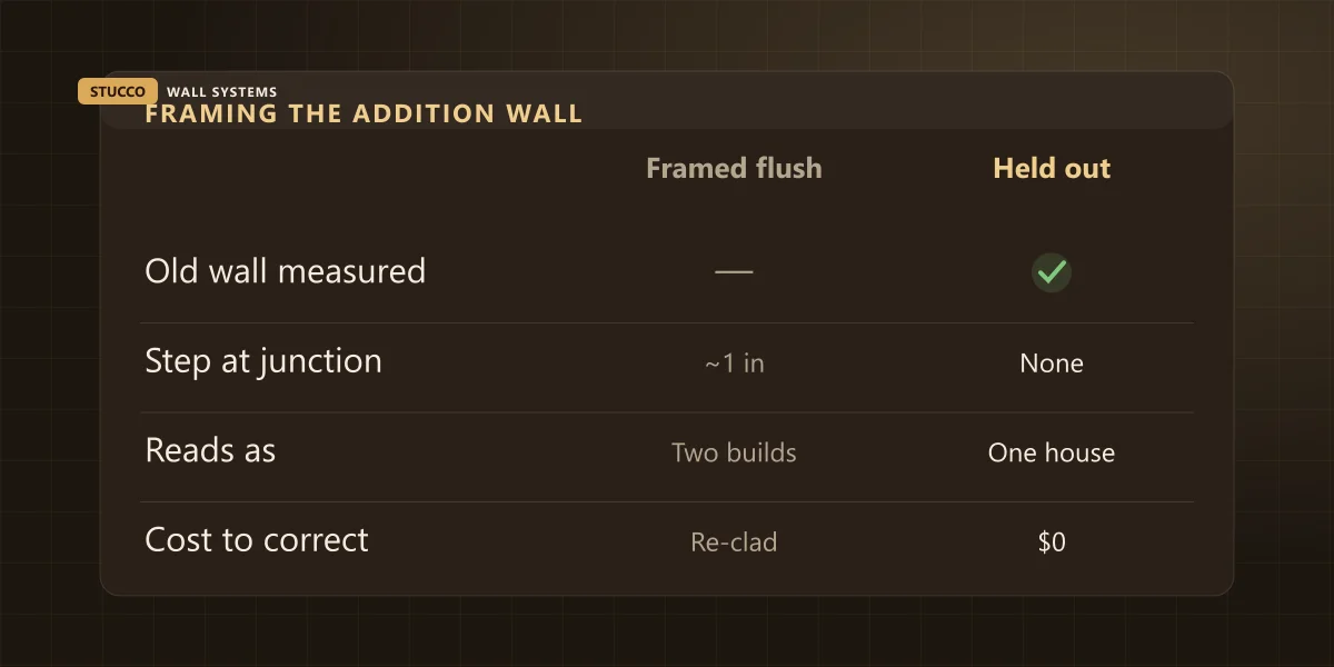 Comparison of framing an addition flush with the old sheathing versus holding the new wall out by the old cladding thickness