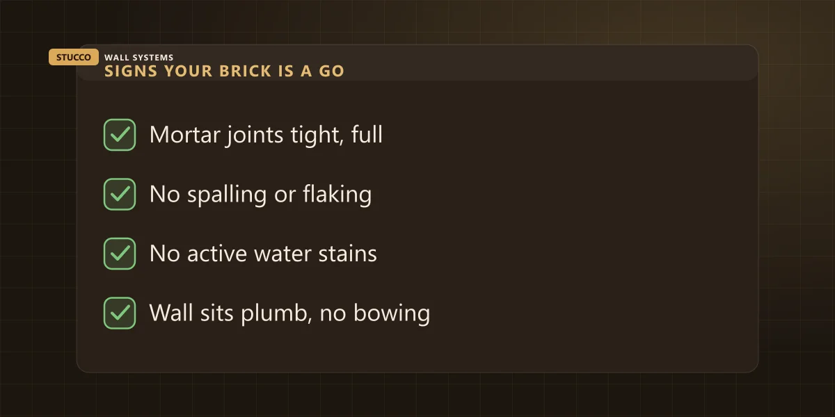 Checklist graphic: signs brick is a good substrate for stucco &mdash; tight mortar joints, no spalling, no active water stains, wall sits plumb