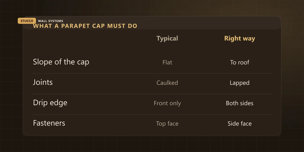 Comparison of typical parapet cap metal against correct slope, joints, drip edges and side fastening