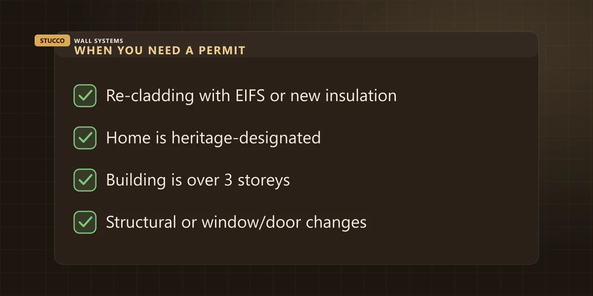 Checklist of situations that need a building permit: EIFS re-clad, heritage home, building over 3 storeys, structural changes