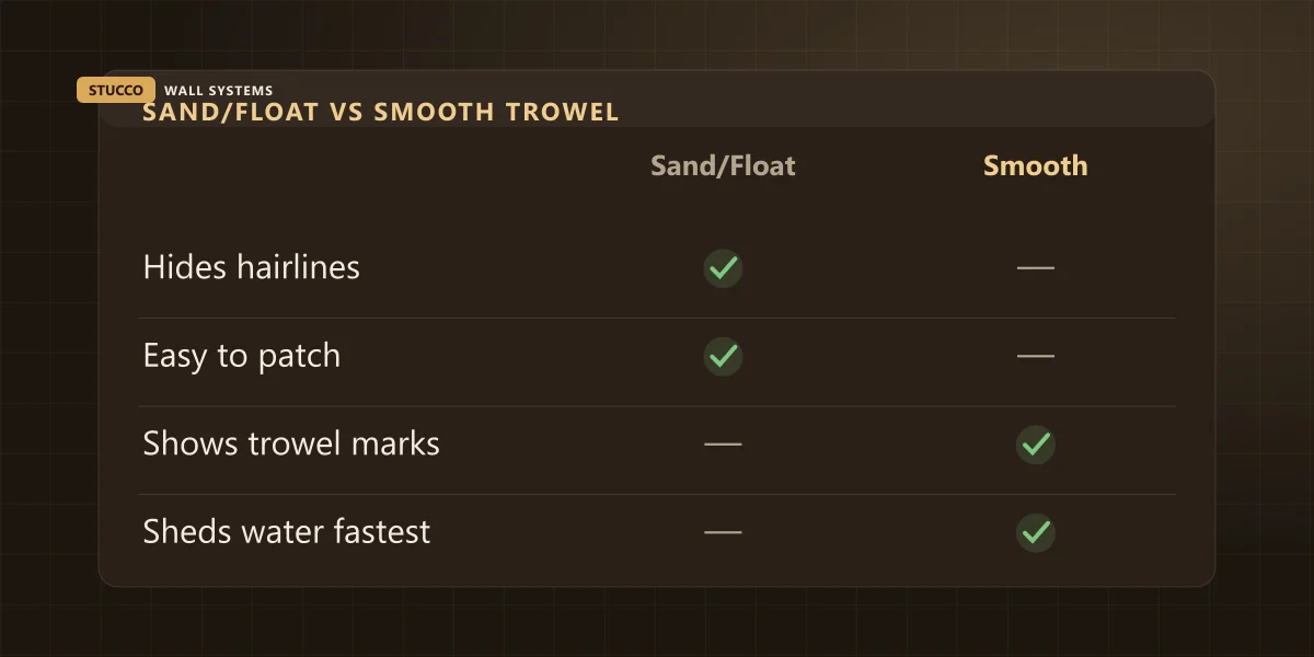 Comparison graphic: sand and float finish versus smooth trowel finish on cracking visibility, cleaning effort, patch-match difficulty and typical use