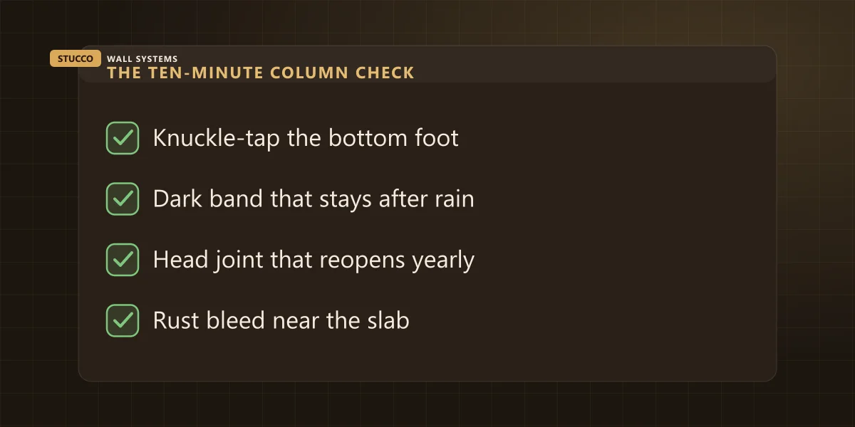 Checklist banner: the ten-minute stucco porch column check &mdash; knuckle-tap the bottom foot, look for a dark band after rain, check the head joint in low sun, look for rust bleed at the base