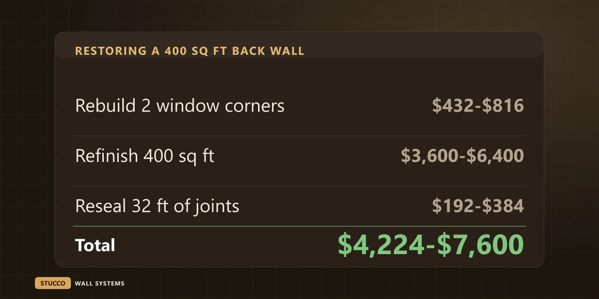 Receipt graphic for restoring a 400 square foot back wall: two window corners rebuilt, 400 square feet refinished and 32 feet of joints resealed, $4,224 to $7,600 in total
