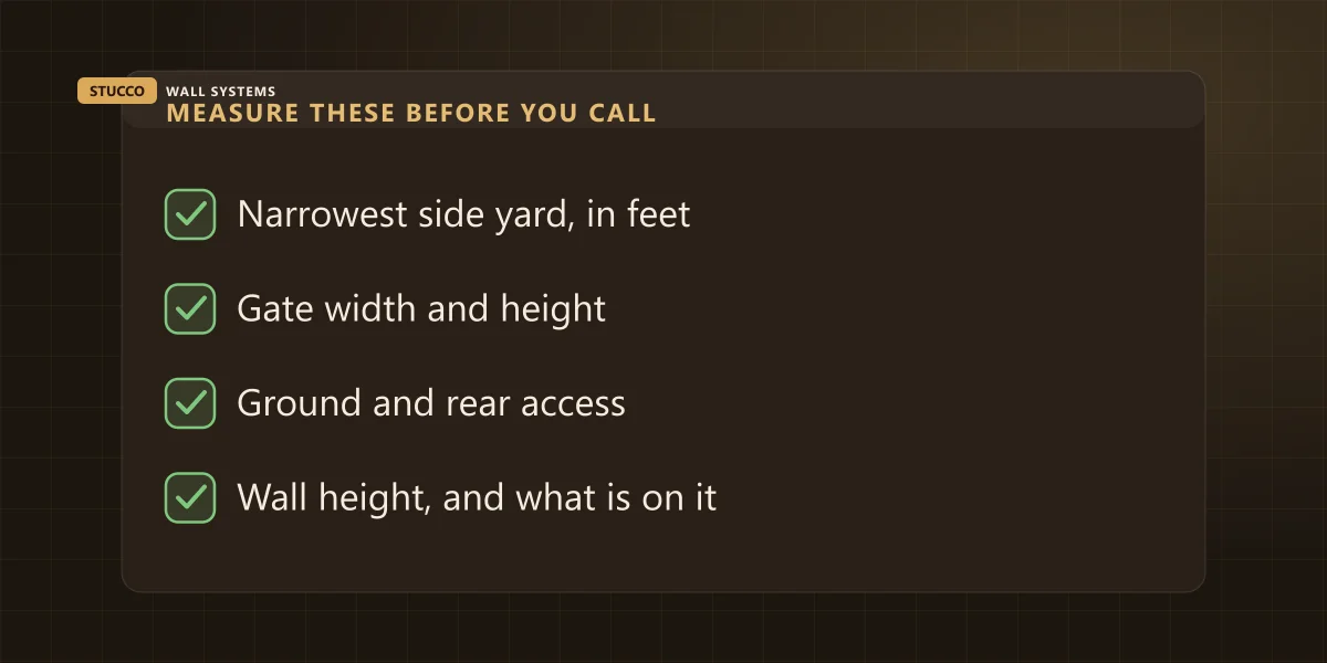 Four site access checks to make before calling a stucco contractor: narrowest side yard in feet, gate width and height, ground and rear access, wall height and what is mounted on it