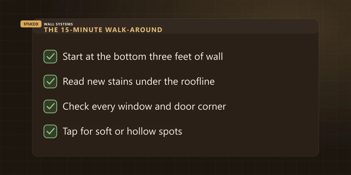 Checklist of the 15-minute spring stucco walk-around: bottom three feet, roofline stains, window corners, hollow spots
