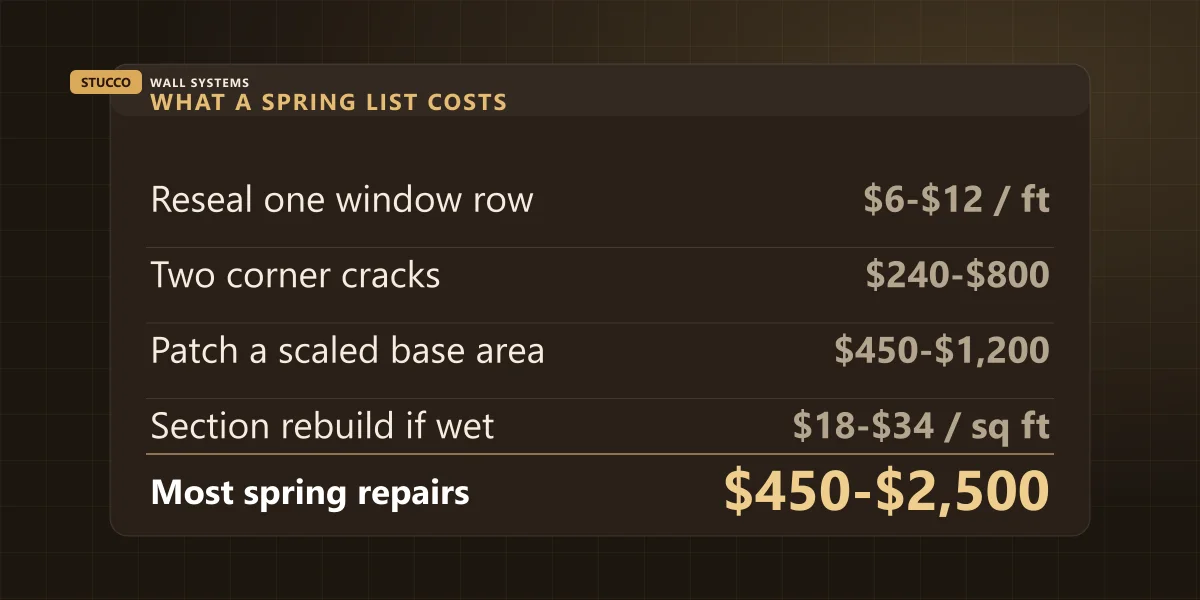 Receipt-style graphic of what a typical spring stucco repair list costs, from resealing to a section rebuild