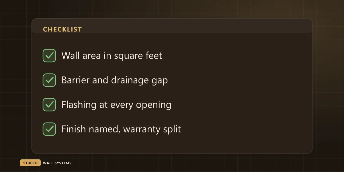 Checklist of lines both cladding quotes must show: wall area in square feet, barrier and drainage gap, flashing at every opening, finish named and warranty split