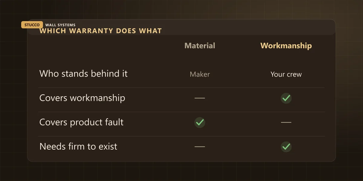 Comparison graphic showing which stucco warranty does what: material warranty versus workmanship warranty on who stands behind it, what it covers, and whether the company must still exist